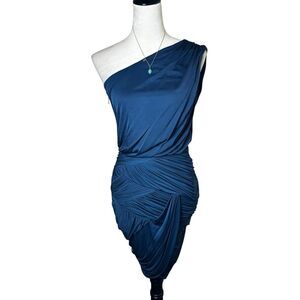Halston Heritage One Shoulder Draped Ruched Cocktail Dress XS Blue Asymmetrical